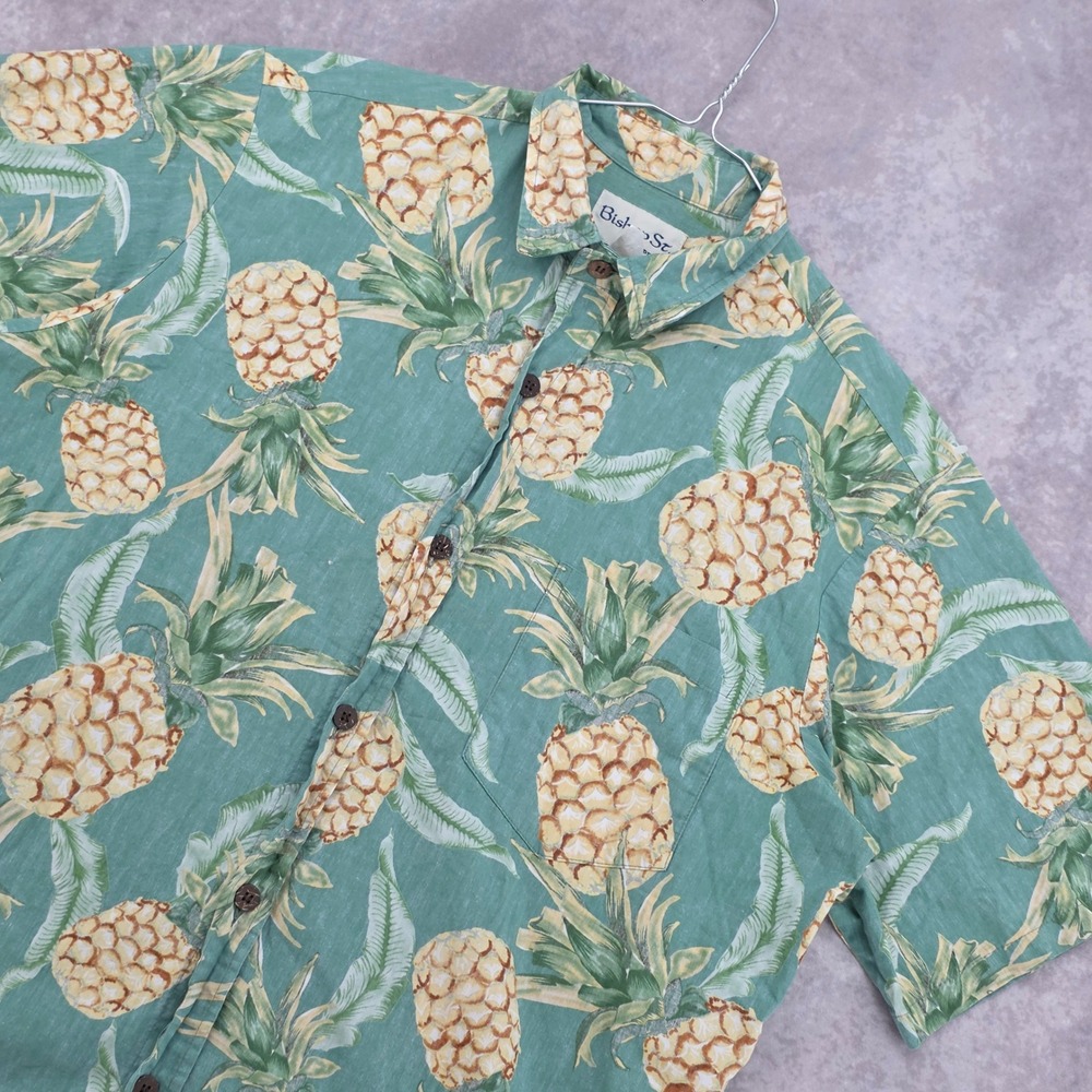 Bishop St‎ Hawaiian Shirt Mens Large Green Tropical Pineapple Print Cotton  USA